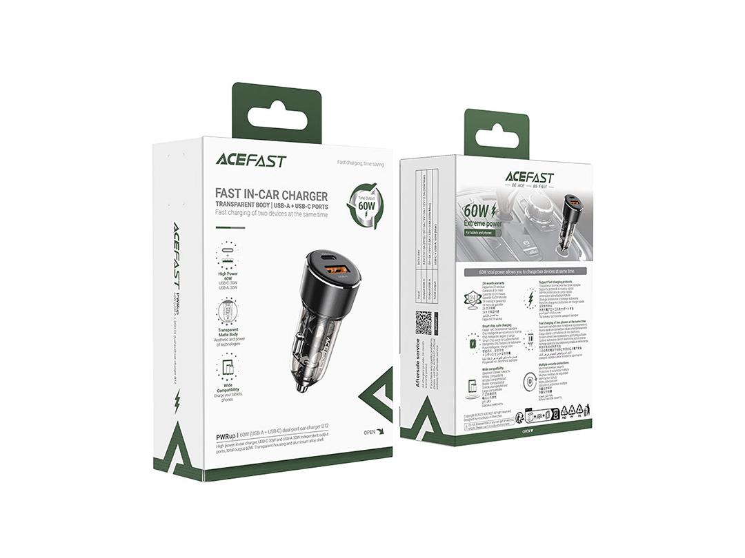Acefast Fast Charge B12 60W (1xUSB-C + 1xUSB-A) Car Charger in Qatar Acefast Fast Charge B12 60W (1xUSB-C + 1xUSB-A) Car Charger in Qatar